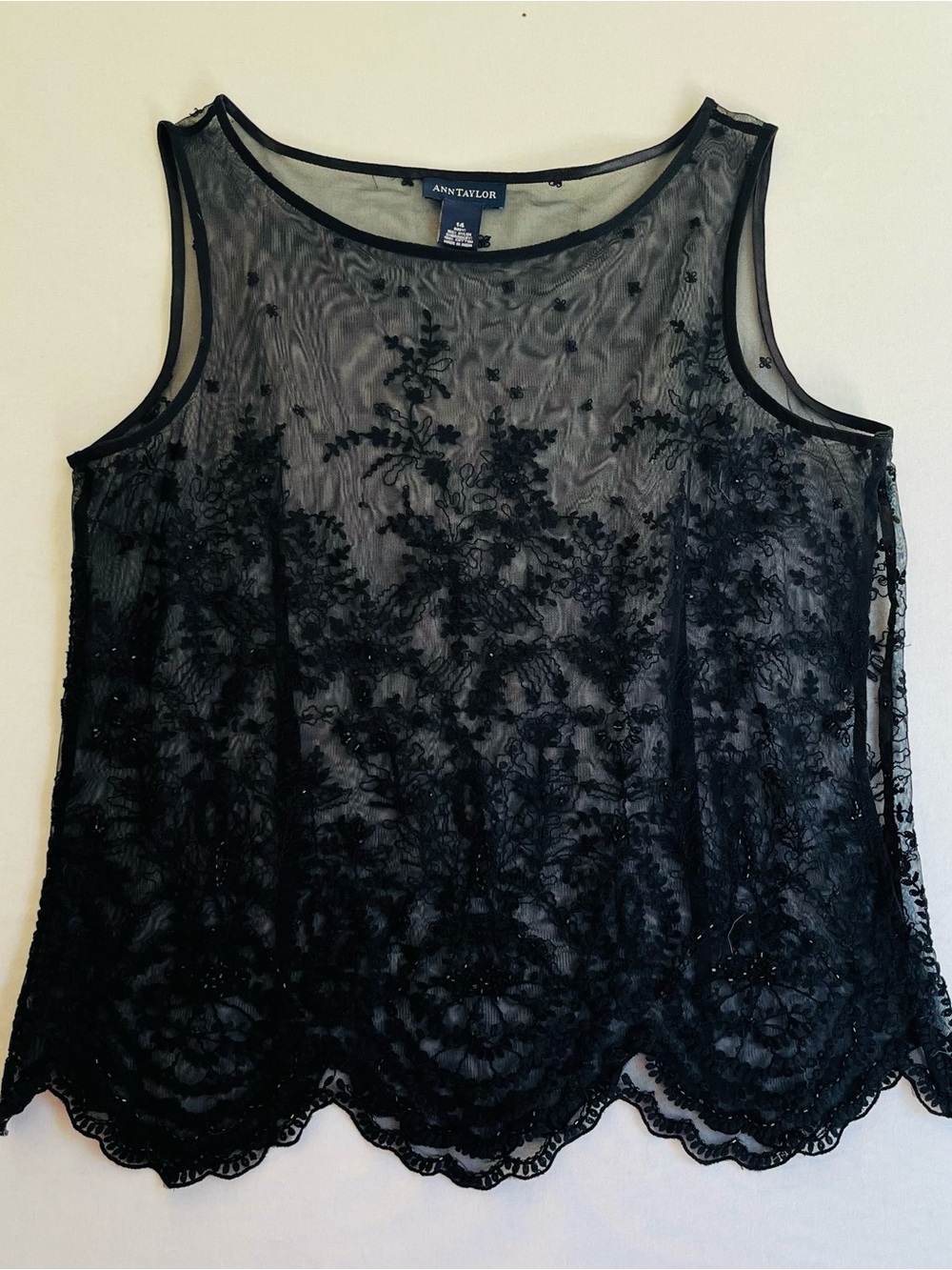 Ann Taylor Woman’s Black Sheer Embroidered Beaded Formal Tank Top Shirt size 14